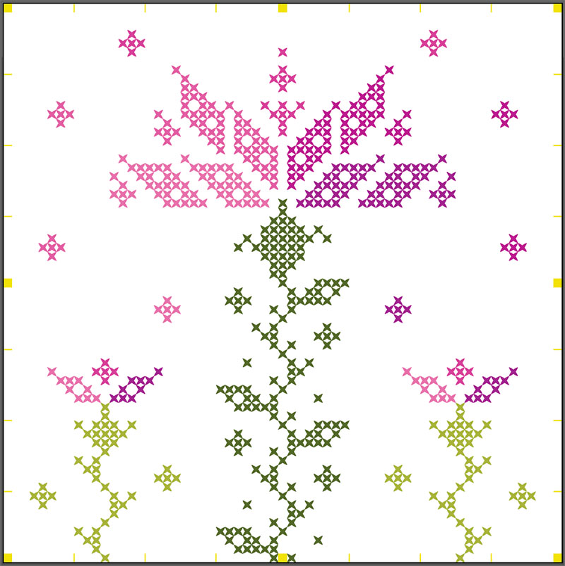 An image of a cross-stitch pattern of a pink and green thistle