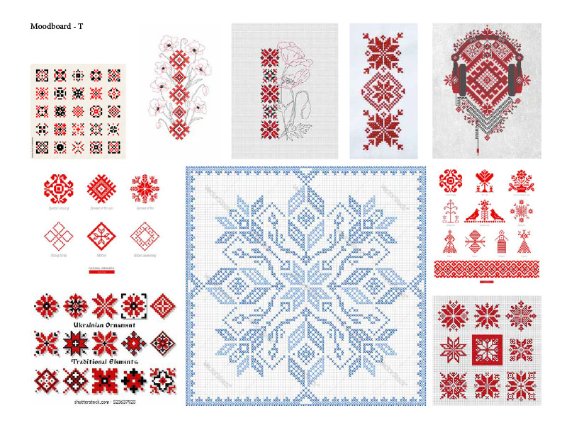 An image of a collection of mainly red Ukrainian cross-stitch patterns